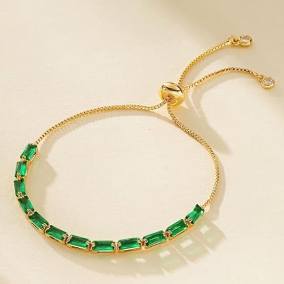 Women's 14K Gold Plated Green Cubic Zirconia Adjustable Stackable Bracelet - Picture 2 of 5
